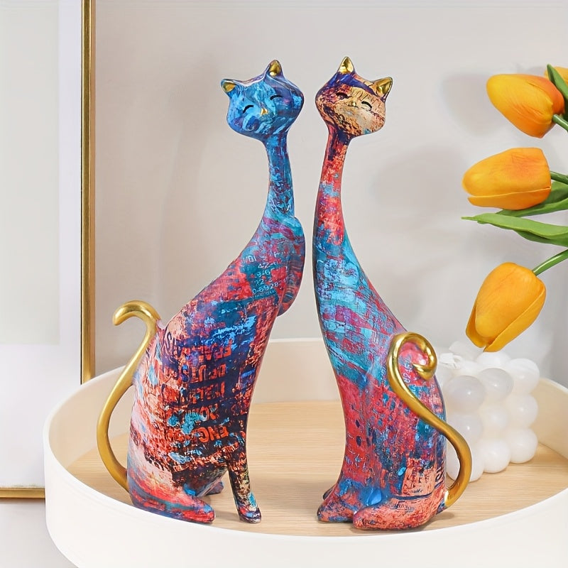 Kattenbeeldjes set – 2 stuks in levendige kleuren met gouden accenten, moderne harsdecoratie voor elk interieur