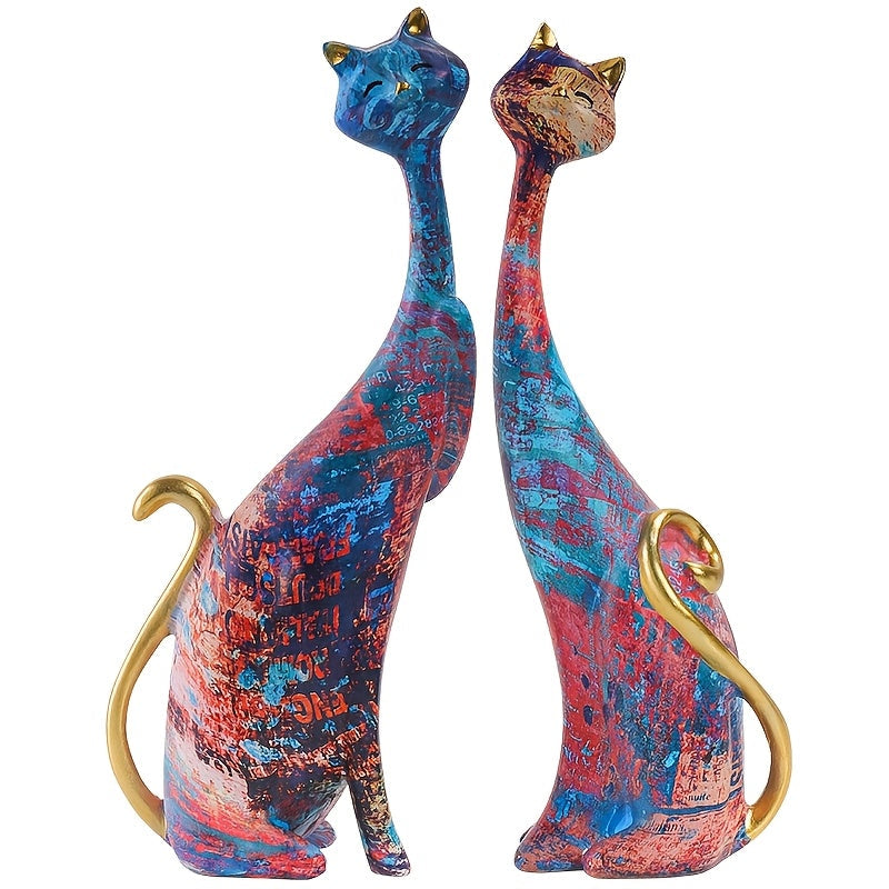 Kattenbeeldjes set – 2 stuks in levendige kleuren met gouden accenten, moderne harsdecoratie voor elk interieur