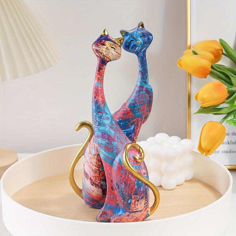 Kattenbeeldjes set – 2 stuks in levendige kleuren met gouden accenten, moderne harsdecoratie voor elk interieur