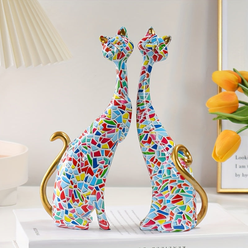 Kattenbeeldjes set – 2 stuks in levendige kleuren met gouden accenten, moderne harsdecoratie voor elk interieur