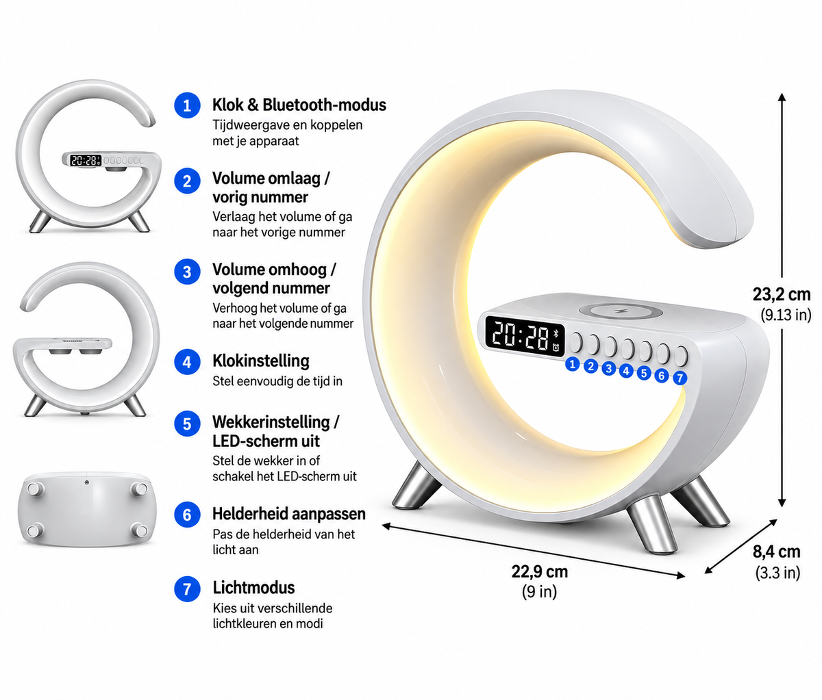 LumiCharge™ 4-in-1 – Draadloze Oplader, Lamp, Klok & Speaker.